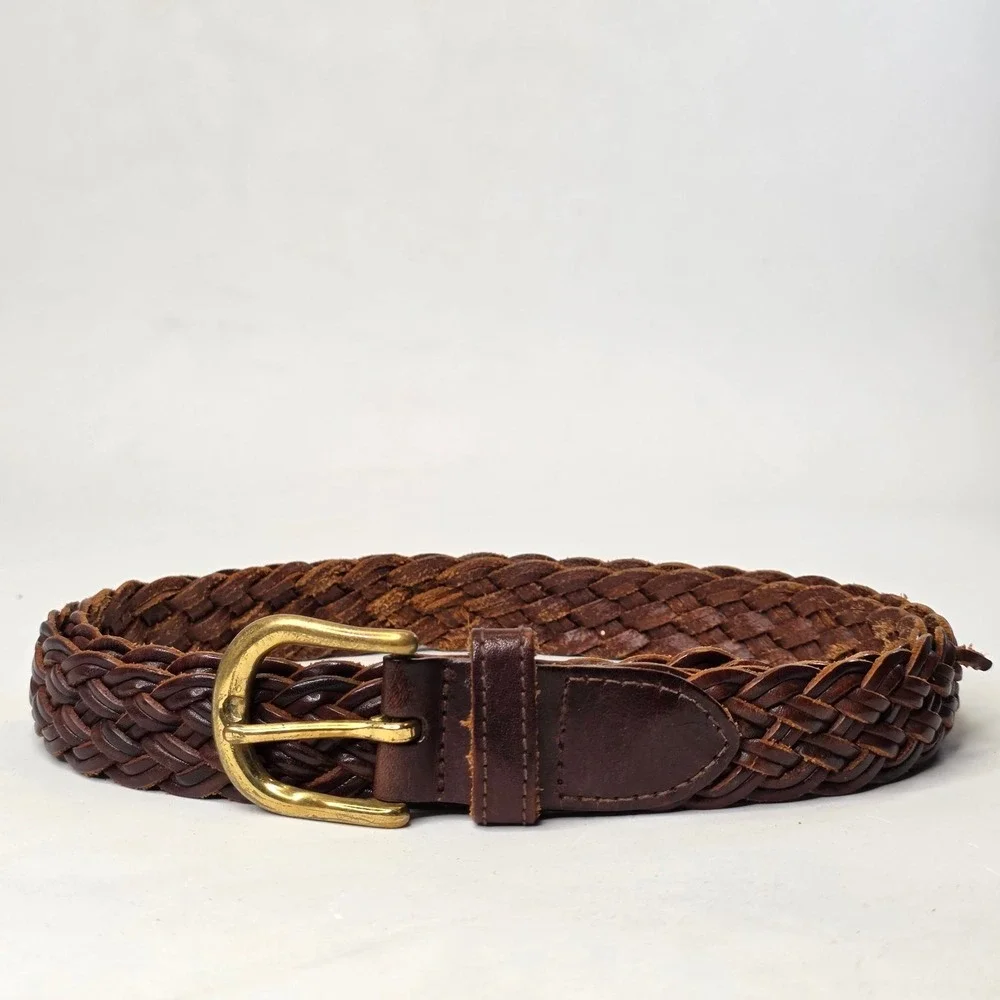 GreatLand Men's Braided Leather Belt Dark Brown Solid Brass Buckle 444-226 L